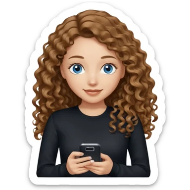 generate a pretty woman with blue eyes, light skin and medium brown long wavy almost curly shiny hair holding a phone she is looking at the phone while looking down at the screen. she is wearing an ALL black long sleeve. she is smiling sticker
