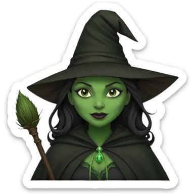 elphaba wicked witch with broom close up, evil dark coily long dark hair, green skin, thick green lips, cheekbones, smirk evil menacing cythia erivo dark aesthetic black hat cloak dark broom sticker