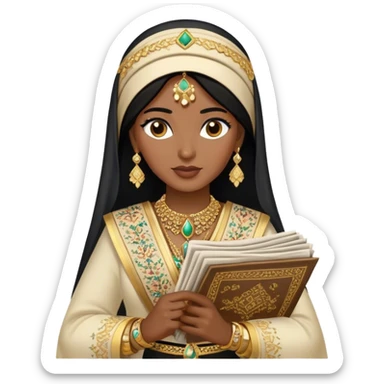 a khaleeji woman dressed in a traditional embroidered outfit,  black hair and a lot of gold accessories holding newspapers  sticker