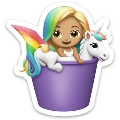 Blonde baby girl, inside of a green bucket riding a unicorn with rainbow hair ￼ sticker