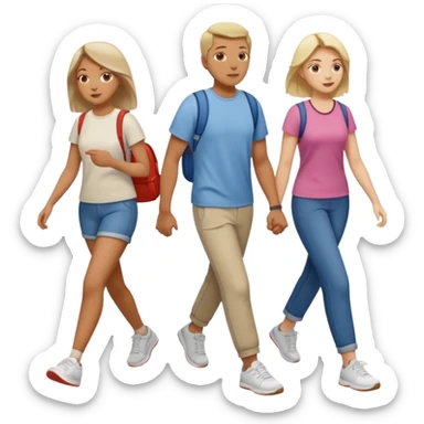 iOS emoji style - a men and 2 women in casual clothes and wearing trainers. Walking in the same direction quickly together. 
Not holding hands. 
 sticker
