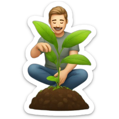 man patting a plant sticker
