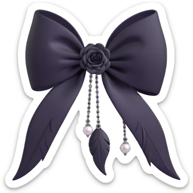 3D emoji gothic bow, white velvet, silver chain, black rose center, black feather accents, dark pearl details sticker