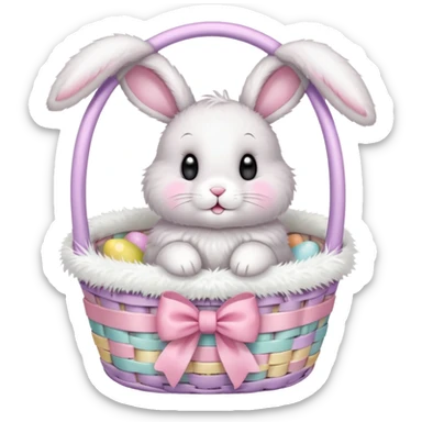 Floppy-eared fluffy bunny with a bow, sitting in a pastel Easter basket sticker