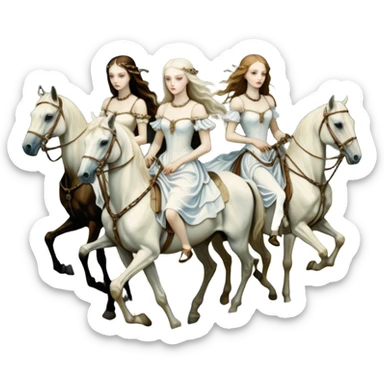 cinematic - aesthetic brilliant divine lighting, oil paint - ivory Four thin women as riders of the Apocalypse, after a graphic by Albrecht Dürer in a desolate landscape on horse skeletons sticker