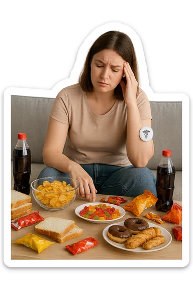 Donna tra i 25 e i 35 anni seduta sul divano o a un tavolo disordinato, circondata da cibi sparsi e poco sani: patatine, dolci, pane bianco, snack confezionati, bibite. con insulino resistenza sticker