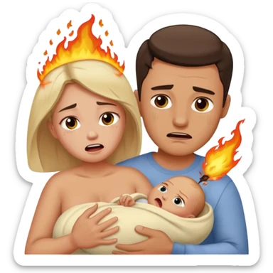  woman being burned in front of a very handsome man who carries a baby sticker