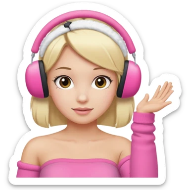 Mädchen mit blondem glattem Haar und rosanen top ohne Träger weißen armschützer und rosa Ohrenschützer sticker