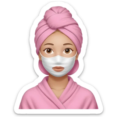 Clean girl influencer character, chest-up portrait, wearing a pink towel wrapped around the head, half-face skincare mask (applied only on one side of the face), relaxed confident expression, , minimal chic self-care aesthetic, subtle beauty accessories sticker