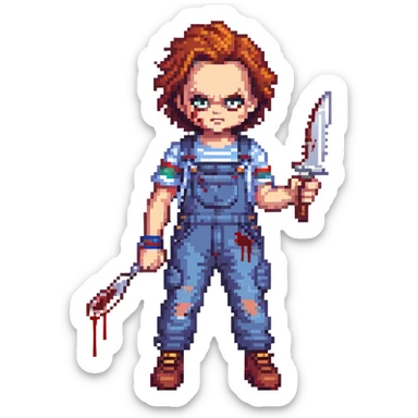 Chucky in overalls, holding a blood-stained knife, menacing pose sticker