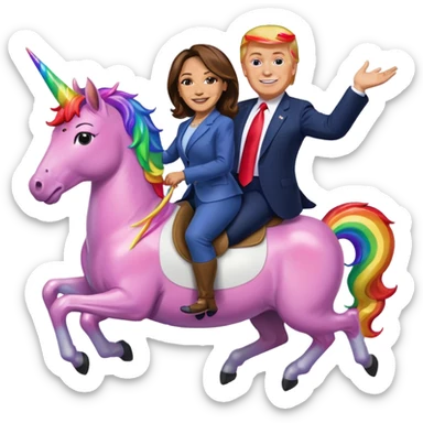 Kamala Harris and donald trump riding a rainbow unicorn sticker