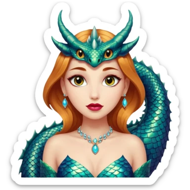 A gorgeous woman with dragon features with glittering jeweled scales covering her body. She has large almond shaped eyes, lush lips, and she wears a stunning luminescent gown. sticker