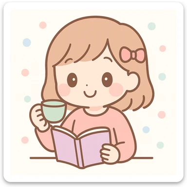 girl reading a book and sipping tea, cute and cheerful sticker