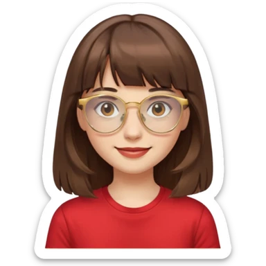 chica con piel blanca sonriendo, ojos marrones y pelo marrón muy largo con flequillo y lentes dorados con remera roja. sticker