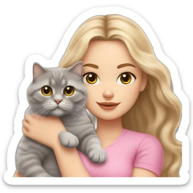 woman with grey eyes and long wavy blonde hair and in a pink shirt is holding a very fluffy and fat grey Scottish fold cat sticker