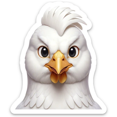 Cinematic Noble White Chicken Portrait Emoji, Poised and regal, with a compact, sturdy build and a pristine, well-groomed pure white plumage, deep-set soulful beady eyes, Simplified yet sharp and sophisticated features, highly detailed, glowing with a soft, dignified glow, high shine, intelligent and alert, stylized with an air of barnyard elegance, focused and attentive, soft glowing outline, capturing the essence of a watchful and confident fowl, so majestic it feels as though it could strut out of the screen with effortless authority! sticker