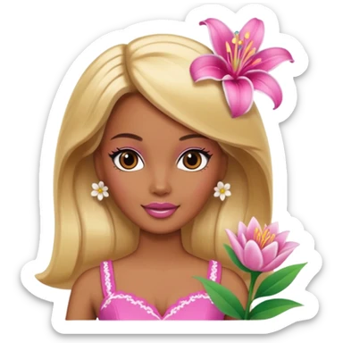 Brown skin blonde hair Barbie with flower Lilly in hair  sticker