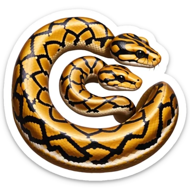 A photo-realistic top-down view of a Ball Python gently coiled into a tight spiral, with its head resting peacefully at the center. Its scales are warm brown with bold, irregular black markings, including the distinctive “alien-head” pattern, flowing smoothly along its body.  sticker