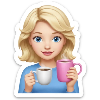 Girl Blonde short wavy hair,  blue eyes, cute blue top, long lashes, pink lips, holding white hot coffee mug sticker