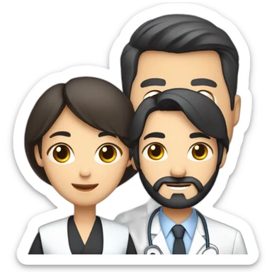 husband middle-aged dark hair trimmed beard wearing dark business suit holding bible, wife asian middle-aged black long hair nurse, with no children sticker