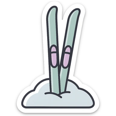 narrow cross-country skis stuck into a snowdrift, detailed shading, thin clean outlines, soft rounded features, pastel palette #98B5BC #B5B3C1 #C9A3C9 #E4C0CA #F7DCD1 #F7C0AA, Japanese pop art, sticker look, highly detailed, vector clarity, soft lighting, subtle shadows, transparent background sticker