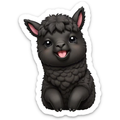 Cinematic Cute Yawning Black Alpaca Portrait Emoji, Head tilted slightly with a dramatic, wide-open yawn, showcasing a soft, plush jet-black fleece with gently drooping ears, round dark eyes barely open in drowsy contentment, Simplified yet irresistibly adorable features, highly detailed, glowing with a soft, cozy glow, high shine, relaxed yet expressive, stylized with a touch of whimsy, bright and endearing, soft glowing outline, capturing the essence of a sleepy yet affectionate alpaca, so drowsy it feels like it could stretch out of the screen and curl up for a nap! sticker