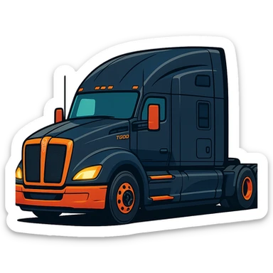 2026 Black Kenworth T680 Sleeper semi truck, side view, headlights on, stylized illustration, no background sticker