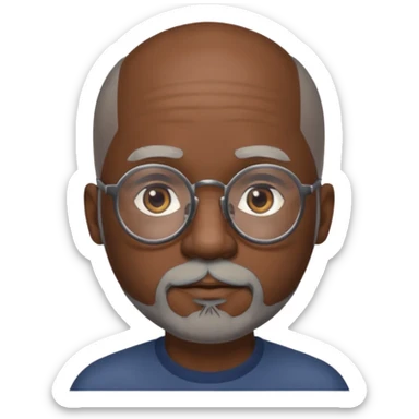 African american male, bald, gray beard. Round face, glasses sticker