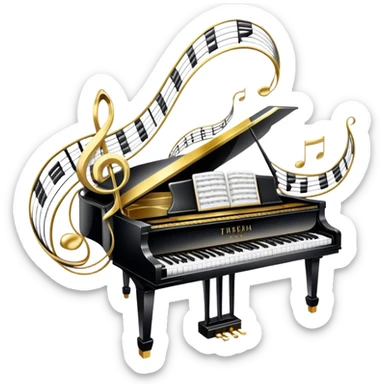Create an elegant and festive emoji collage representing keyboard instruments, styled like a heraldic emblem. The design should feature a central focal point of black and white piano keys, arranged in a semi-circular or shield-like shape. Around the piano keys, add intertwining musical notes that form flowing ribbons, creating a dynamic and celebratory atmosphere. The design should be professional, with polished silver and gold accents on the keys and notes, highlighting the luxury and sophistication of the instruments. Add subtle shading and lighting effects to give the design a refined, 3D appearance. The background should remain transparent, and the overall feel should evoke grandeur, artistry, and a sense of celebration. sticker