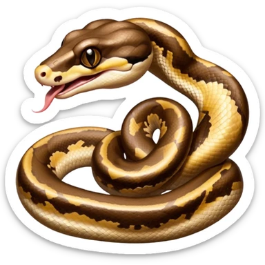 A close-up 3/4 view of the Ball Python with the front half raised slightly in an S-shape and its tongue flicking out. The head is angled curiously toward the viewer, showing both personality and motion. sticker