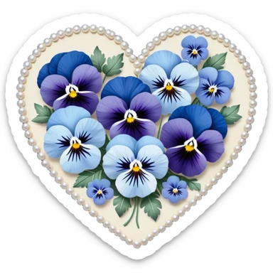 A heart-shaped floral arrangement of deep blue and pastel blue pansies, intricately designed with navy and baby blue accents, resting on a pearl satin fabric and adorned with tiny silver embellishments.
 sticker