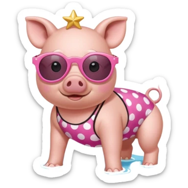 cute pig wearing  star-shaped sunglasses and polka dot bathing suit on all fours  sticker