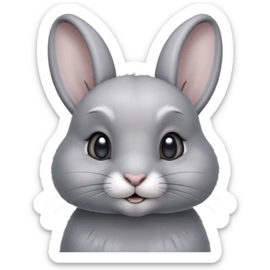 Cinematic Cute Grey Rabbit Portrait Emoji, Head tilted playfully and inquisitively, featuring a silky, smooth grey fur with soft, velvety textures, round, sparkling grey eyes filled with curiosity, Simplified yet irresistibly adorable features, highly detailed, glowing with a warm, friendly glow, high shine, affectionate and gentle, stylized with a touch of whimsy, bright and endearing, soft glowing outline, capturing the essence of a mischievous yet loving bunny, so playful it feels like it could hop out of the screen and into your arms! sticker