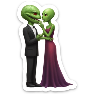 White man in black dress hugs and kissing Alien reptilian woman in red dress  sticker