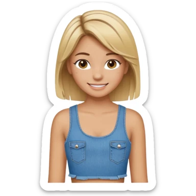 preppy teen girl, tan, blonde highlights, brown hair, long eyelashes, beach aesthetic, wearing cute clothes, sexy, wearing ripped blue jeans with a crop top sticker