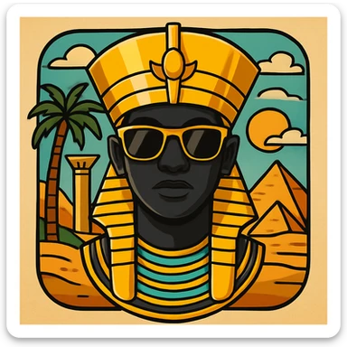 Add an Egyptian background behind the pharaoh with sunglasses and black skin, maintaining the sticker style look. sticker