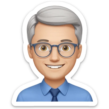 30 yr old pale white man, grey side swept hair, round glasses, big smile, white teeth, handsome, longer hair, thin glasses, blue dress shirt, no tie, stylish hair sticker