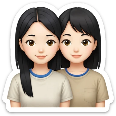 Two cute Japanese girls with straight black hair wearing modern Western clothes like t-shirts, faces pressed together cheek to cheek, smiling happily sticker