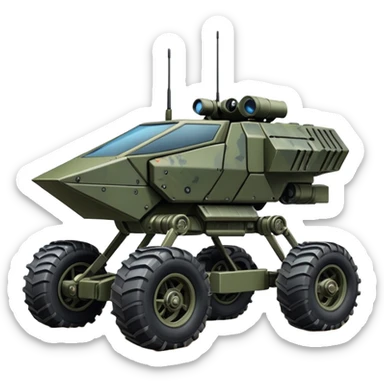 a roomy American 4-wheel armored personnel stealth camouflage army massive mech trail vehicle shooting forward side-hill leaning actively articulating independent suspended pod gimbal enemy mech off-road racing rover with large fast engine RC basher megatron  sticker