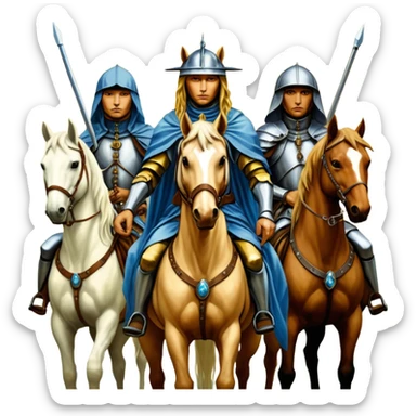 solarpunk HD, mysterios style, oil paint - The Four Horsemen of the Apocalypse, based on a graphic by Albrecht Dürer sticker