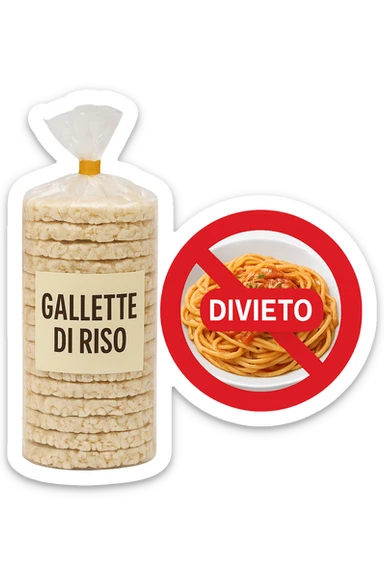 confezione di gallette di riso con accanto un piatto di pasta con divieto sopra, in italiano,  realistici sticker