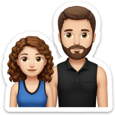 Criar Casal - Homem branco de cabelo liso e olhos marrom, com barba, expressão séria usando camiseta polo preta e mulher de pele branca cabelo cacheado marrom longo e olhos mel, usando uma regata fina branca, quero ela sorrindo sticker