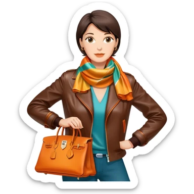 Mature woman wearing a dark brown leather Hermes jacket and a multicolored silk scarf around her neck. She has a large orange Hermes Birkin Bag. I want the image to be close up, starting from the waist up.  sticker