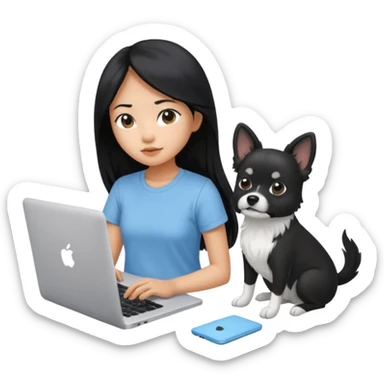 Asian girl with long black hair, wearing a light blue t-shirt, working on an Apple laptop, beside a small black and white dog sticker