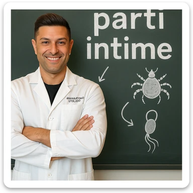 Regenerate the scene with the blackboard behind the doctor. The text 'parti intime' should be very large, centered, and clearly readable, with arrows or stylized drawings pointing to the parasites. Ensure the text is fully visible and not cut off. Keep the doctor's face similar to the person in the photo, maintaining a realistic, educational, and respectful style. sticker