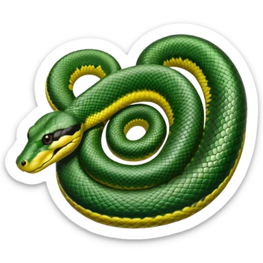 A photo-realistic top-down view of a Green Anaconda tightly coiled in a spiral, with its broad, flat head resting at the center. Its olive-green body is thick and muscular, patterned with symmetrical, bold black oval spots that flow along its smooth, glossy scales. sticker