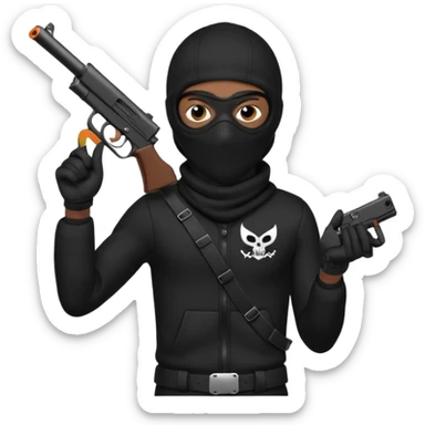 A young African male wearing a ski mask in full black clothing, holding a micro Draco gun in the air carelessly sticker