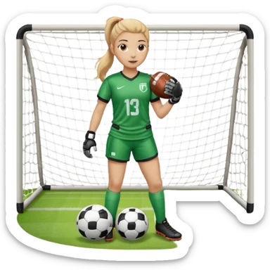 Make a dirty blonde football goalkeeper with goalkeeper gloves on holding a football. The girl is light skinned and wearing a football kit and football shoes. Standing in front of football goal. Wearing a ponytail with the dirty blonde hair sticker