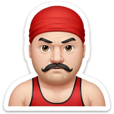 Close-up of very fat white skin guy with young face, beard and mustache, no muscle with prominent black durag, black eyes in a red and black wrestling singlet with angry face sticker