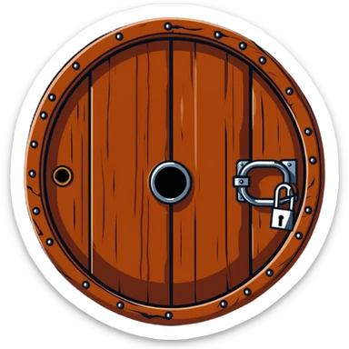 A rusty chain wrapped tightly around a round wooden hobbit-style door with a large padlock sticker